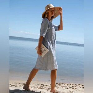 sâuths womens blue linen Kyoto lightweight casual summer midi dress size XS